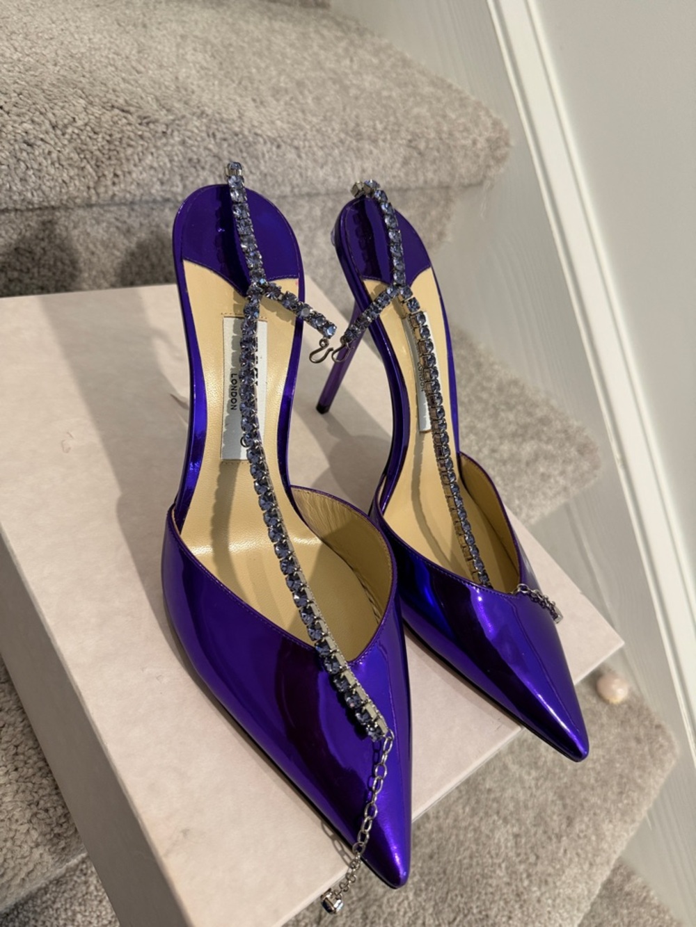 Jimmy Choo Metallic Purple Crystal T-Strap Pointed Slingback Heels - Picture 16 of 17